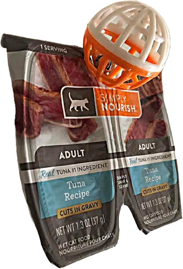 SIMPLY NOURISH Adult Cat Food Cuts in Gravy. 6 Split-Packs of 2 Individual Servings. 2.65 OZ Each. Plus Cat Toy Will Vary (Tuna Recipe)