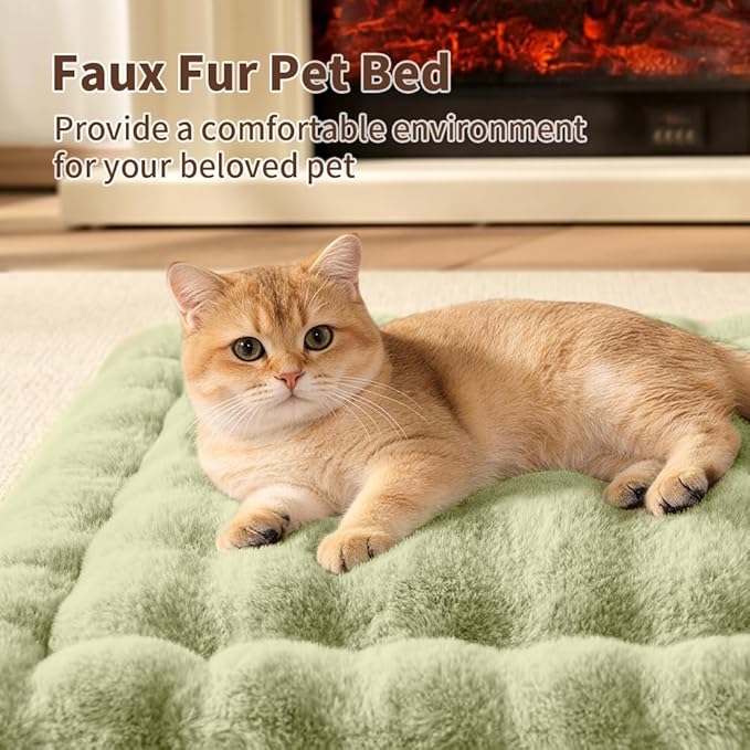 Self-Warming Cat Bed, Plush Faux Fur Pet Bed Mat with Anti-Slip Bottom, Ultra Soft Heated Pad for Cats & Kittens, Cozy Fluffy Bed for Window & Sills Couches, Machine Washable, 23x15 Inch Green