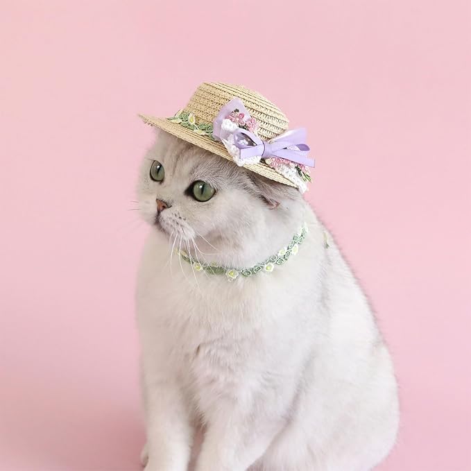 Pet Straw Hat Outdoor Sunbonnet Supplies Flower Lace Puppy Straw with Ribbon Bow Flower Dog for Large Dogs