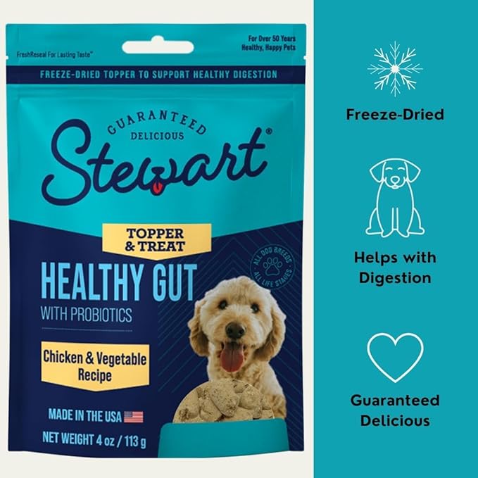 Stewart Freeze Dried Dog Food Topper, Healthy Gut, Chicken and Vegetable Recipe, 8 Ounce Pouch, Probiotics for Digestion