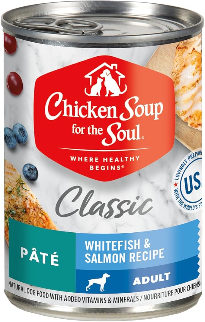 Chicken Soup for The Soul All Natural Premium Adult Wet Dog Food, Real Meat First Ingredient, No by-Products, Artificial Colors, Flavors or Preservatives, Salmon & Whitefish Pate, 13oz (Pack of 12)