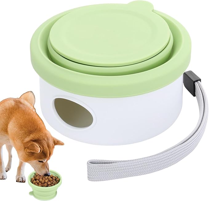 Portable Pet Travel Bowl - 12oz Foldable Silicone Dog Dish for Easy Feeding, Lightweight Space Saving Build with Attached Poop Bag Dispenser, Durable Pet Food Water Container for Walking Hiking
