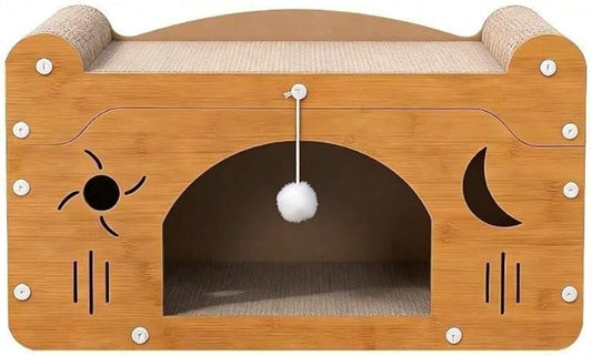Multi-Function Cat Scratcher House Box,3-in-1 Scratch Pad and Soft Bed & Play Cave with Toys, Durable Build & Ideal for Cats/Kitty (Yellow,FX-SFXY)