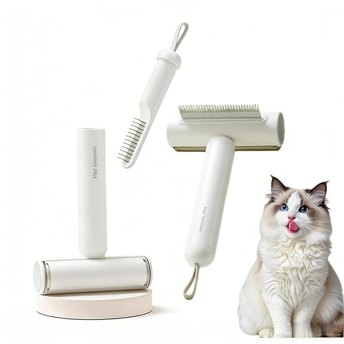 3-in-1 Pet Grooming Combs for Matted Hair Dogs/Cats,Stainless Grooming Comb with Short & Long Teeth,With a Lint Roller for Dust & Hair,Hidden Dematting Comb for Long Hair,Easy to Use and Clean White