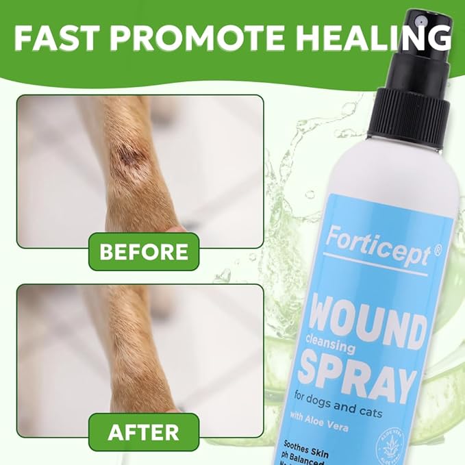 Forticept Hot Spot & Wound Care Kit, Itch Relief Spray for Dogs and Cats 8 oz + Promote Healing Wound Hydrogel 4 oz. + Self-Adhesive Wrap, First Aid for Dogs and Cats