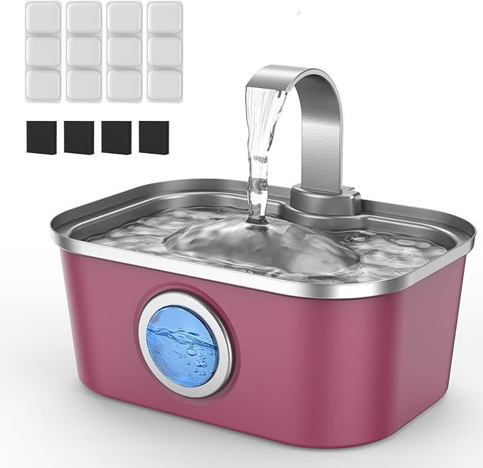 Bobo&Dragon Stainless Steel Cat Water Fountain, 124oz/3.5L Automatic Dog Water Dispenser - Ultra Quiet Faucet Flow, Smart Window & Fresh Filtered Hydration, Dishwasher Safe for Multi-Pet Cosmic Berry