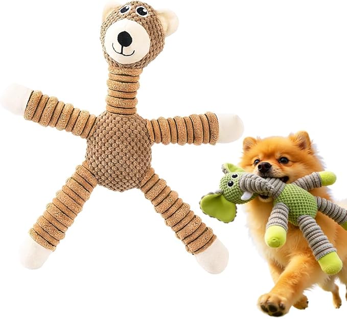 Plush Dog Squeaky Toy, Durable Pineapple Velvet Chew Toy for Aggressive Chewers Large Medium Small Dogs Interactive Training Teeth Cleaning Stuffed Animal Puppy Relief Boredom (Brown Bear)
