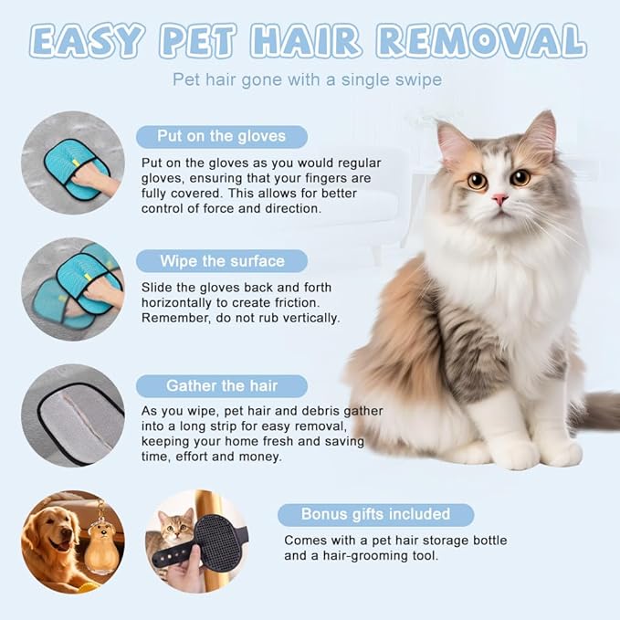 Pet Hair Removal Glove for Cat,Newly Upgraded Electrostatic Pet Hair Gloves, Magic Brush Pet Hair Remover Tool for Carpet, Couch, Clothing,Car seat.
