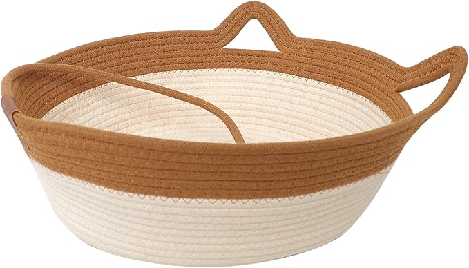 Cotton Rope Handwoven Pet Bed, Round Cat Nest,Pet Sleeping Bed with a Playing Rope Ball, Multifunctional Durable Pet Bed for All Seasons Home Indoor Cats Small Dogs Supplies(Brown & Light Pink ,S)