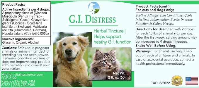 Vitality Science GI Distress for Cats | Diarrhea, Vomiting and Discomfort | Aids Digestion and Reduces Bloating | Boosts GI Tract