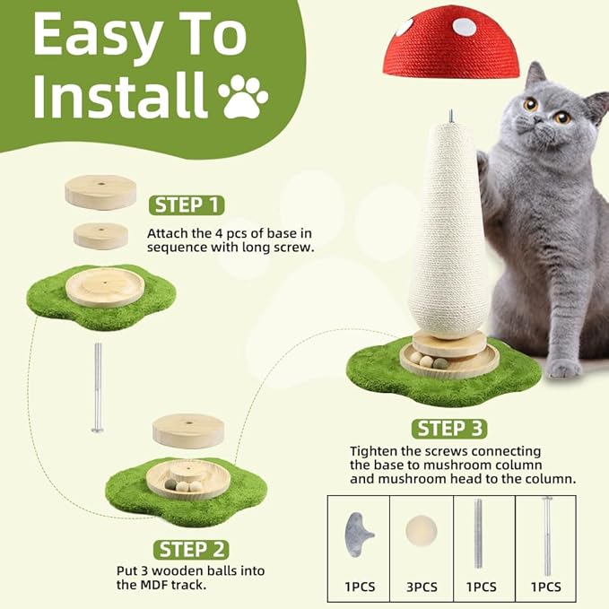 Mushroom Cat Scratching Post, Mushroom Cat Tree with Interactive Ball Track Spring Ball Cat Toys, Cute Cat Scratching Post for Indoor Kittens Adults, 100% Sisal Covered