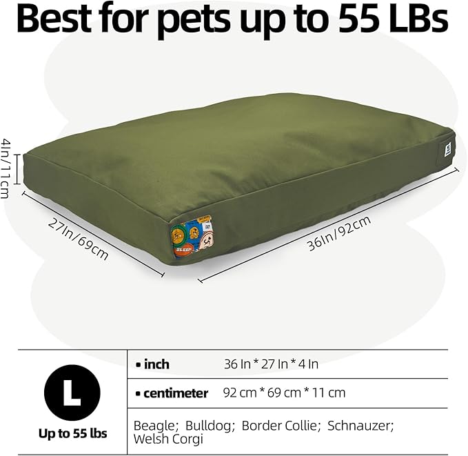 Sytopia 36 Inch Canvas Outdoor Dog Bed for Large Dogs, Waterproof Washable Removable Cover, Indoor Patio Pet Pad for Crate, Green