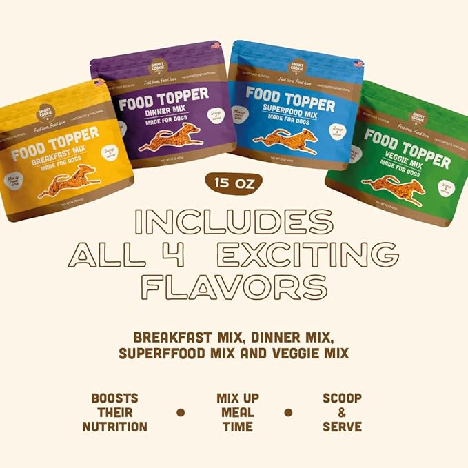 Smart Cookie Natural Dog Food Topper - Variety Pack - Dog Meal Mixer for All Ages - Food Topper for Picky Eaters and Boosting Nutrition - Includes Egg, Beef, Veggie & Salmon - 15 oz Each (4 Pack)