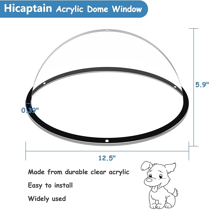 HiCaptain Dog Fence Window with Cleaning Cloth, 12.5" Acrylic Dome Window Clear Window Bubble Great for Fences, Pets House, Cat Tree, Relieves Stress, Reduced Barking, Easy Installation (1 Pack)