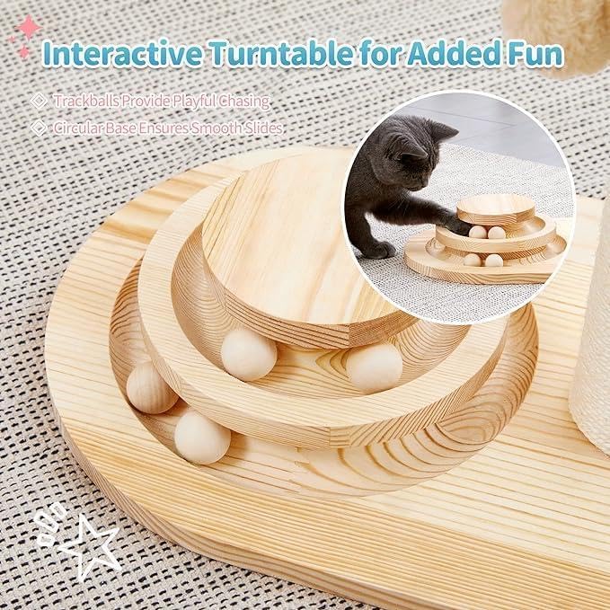 Mushroom Cat Scratching Post with Sisal Rope and Interactive Ball Track – 2-in-1 Wooden Cat Scratcher with Dangling Ball Toy and 20-Inch Scratch Pad for Indoor Cats