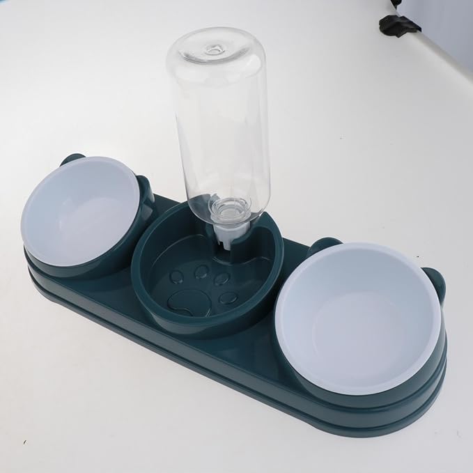Elevated Double Bowl Pet Feeders with Automatic Water Dispenser Antislip Base for Dog Cats Daily Feeding Watering Supply - Dark Gray - Steel Bowl