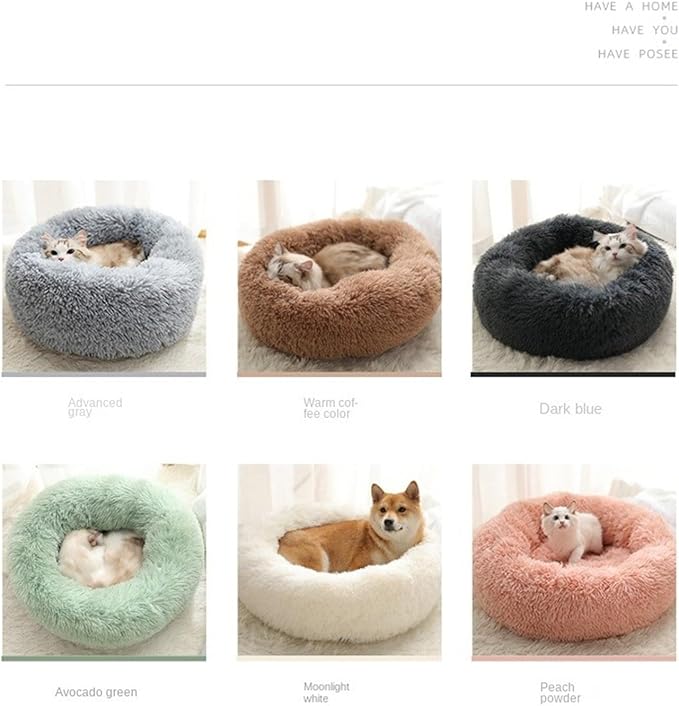 1PCS Round Pet Bed Kennel Non-Slip Winter Warm Dog Kennel Sleeping Long Plush Soft Puppy Cushion Mat Cat Supplies(Dark Blue,60cm)