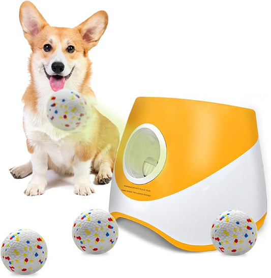 SOCO Automatic Ball Launcher for Dogs with Random Mode, 3 Settings to 45FT, Rechargeable Dog Ball Thrower with 4 ETPU Tennis Balls for Small Medium Breeds