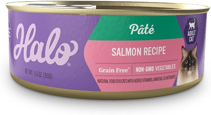 Halo Wet Cat Food Salmon Recipe, Grain Free Wet Cat Pate, Canned Cat Food for Extra Hydration, 5.5 Oz Can (Pack of 12)