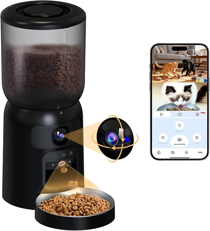 Automatic Cat Feeder with 2K Dual HD Cameras, 2.4/5G WiFi 6L Feeder, Pet Feeder Automatic for Cats & Dogs, Cat Food Dispenser with Cameras, Laser Interactive Toy & Night Vision(Black-Dual Cameras)