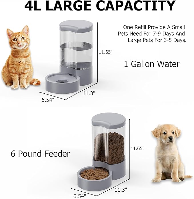 Pet Feeder and Water Dispenser Automatic for Dogs Cats,Waterer and Gravity Food Feeder for Small & Medium Dogs Cats Puppies,6-Pound Food,1-Gallon Water, Easily Clean (White)