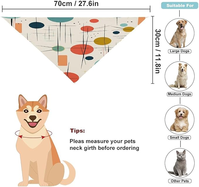 Dog Bandana Spring Pet Scarf Adjustable Triangle Modern Mid Century Printing Dog Bib Washable Polyester Puppy Bandana for Small Medium Large Dogs Cat Birthday Party Supplies