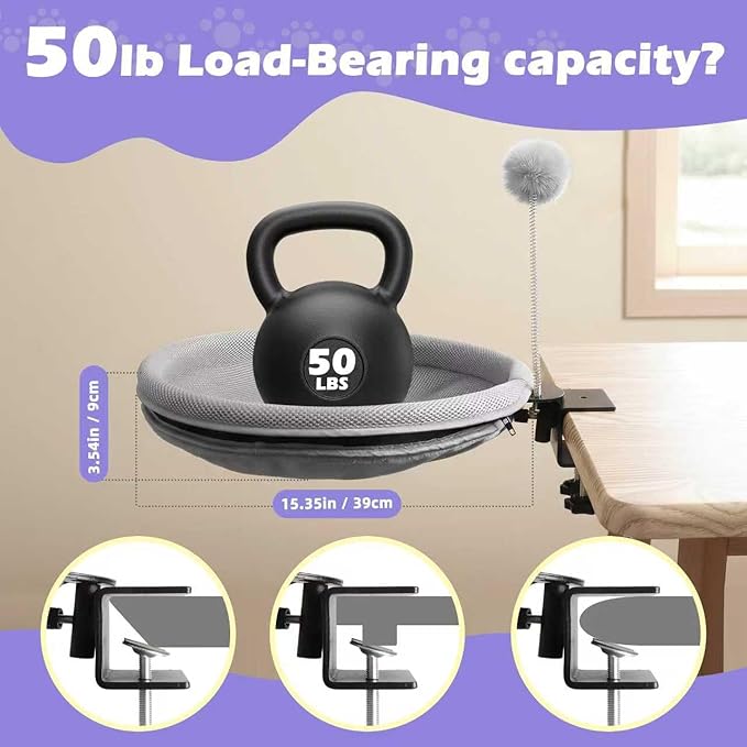 Cat Desk Bed with Teaser Wand, Under Desk Cats Bed Platform with Sturdy Clamp, Space-Saving Cat Perch Mounts Underneath Desk for Large Cats,for Gift,Present(Grey)