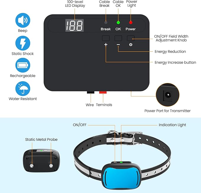 Electric Fence for 2 Dogs, Underground Dog Fence System, 2 Rechargeable Collars, Waterproof, for Small Medium and Large Dogs