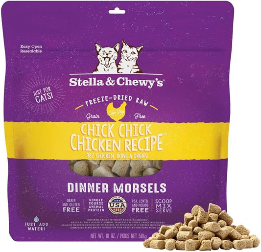 Stella & Chewy's Freeze-Dried Raw Cat Dinner Morsels - Premium Chicken Recipe with 98% Cage-Free Meat & Organs - Natural Grain-Free Cat & Kitten Food - Made in USA - 18 oz