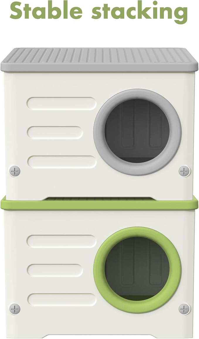Outdoor Cat House-Weatherproof Heavy-Duty & Sturdy Feral Cat Shelter, Insulated Elevated Stackable Plastic Cave for Outdoor/Indoor Use with Cushion (Green)