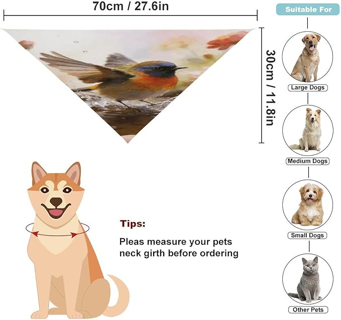 Dog Bandana Spring Pet Scarf Adjustable Triangle Bird Bathing Flowers Printing Dog Bib Washable Polyester Puppy Bandana for Small Medium Large Dogs Cat Birthday Party Supplies