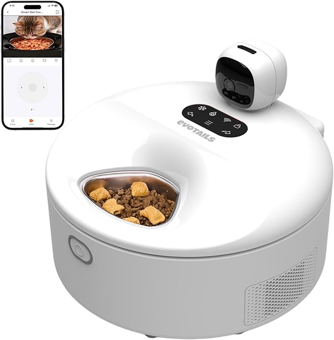 Wet Food Automatic Cat Feeder with Camera, Semiconductor Cooling & Heating with Stainless Steel Bowl, APP Control with Camera & Meal Call, 5 Fresh Meals Pet Food Dispenser (White)