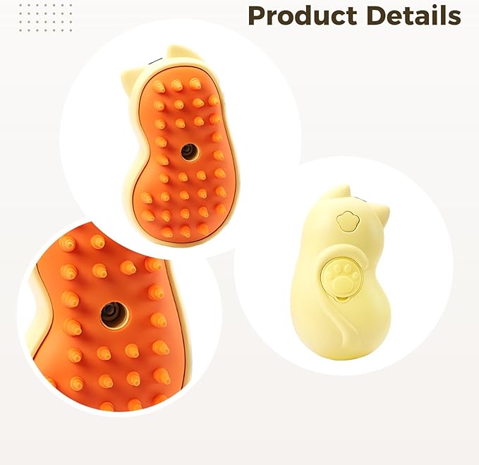 Rechargeable Cat Steam Brush, Electric Pet Hair Remover for Dogs and Cats, Grooming Comb Gentle Massage Detangler, Self-Cleaning Tool, Cordless, Yellow