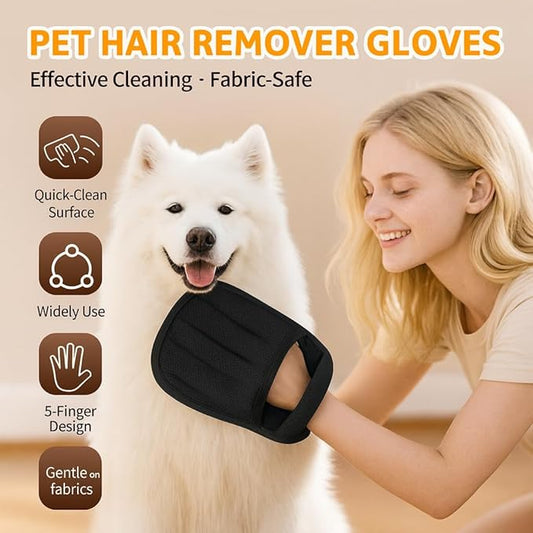 Pet Grooming Hair Removal Glove & Handy Brush Set (3 Pack) – Reusable Fur Remover for Dogs & Cats, Easy Deshedding Tool for Sofa, Clothes, Carpet & Car Seats