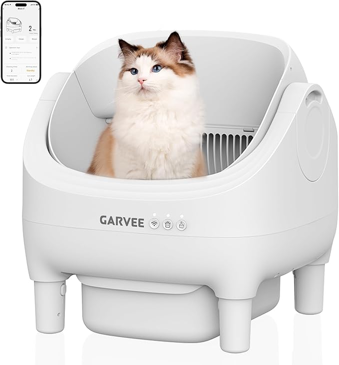 Self Cleaning Litter Box, Automatic Cat Litter Box with APP Control, Odor-Free Waste Disposal Includes Trash Bags, Large Waste Bin, Open-Top, for Multiple Cats, White