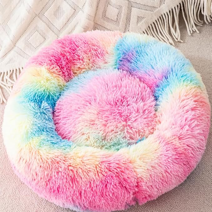 Donut Cat Bed Dog Bed Plush Faux Fur Fluffy Non-Slip Soft Indoor Cozy Supportive Bolster for Puppy and Pet Cat Cushion Rabbit Pillow for 3KG