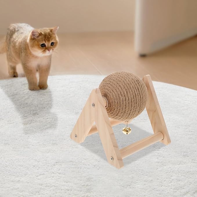 Aboofan Cat Scratcher Toy with Sisal Ball Cats Scratching Rope Ball Interactive Rotatable Wood Pet Scratcher Toys Durable for Indoor to Grind Claws Pet Furniture Supplies