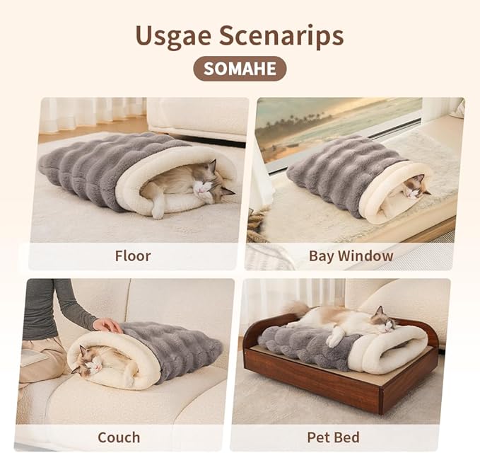 Self-Warming Cat Sleeping Bag, Enclosed Hooded Snuggle Sack with Dual-Side Plush Cat Cave Bed, Portable Foldable Pet Sleeping Pod for Indoor & Travel, Anti-Static, 21.7"x17.7"Coffee White