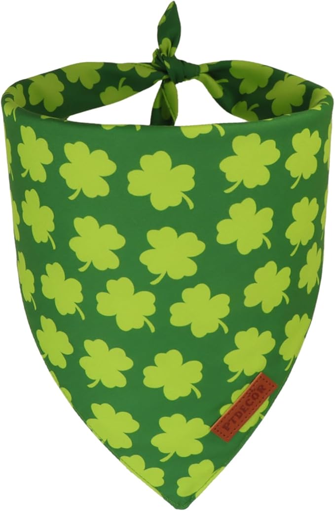 PTDECOR St. Patrick's Day Dog Bandana, Reversible Lucky Pet Scarf, Premium Durable Fabric, Adjustable Green Shamrock Pet Bandanas for Small Dogs Pets (Small)