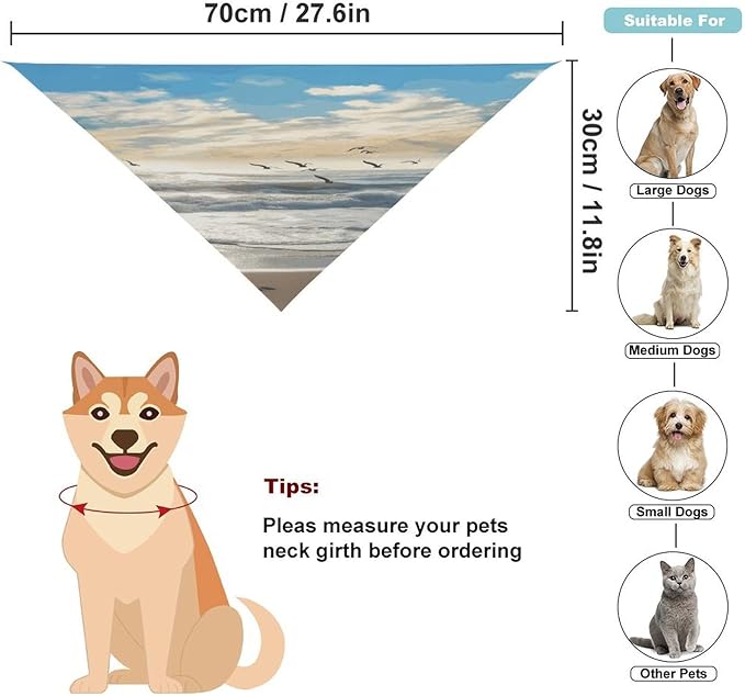 Dog Bandana Spring Pet Scarf Adjustable Triangle Waves on The Beach with Sea Birds Printing Dog Bib Washable Polyester Puppy Bandana for Small Medium Large Dogs Cat Birthday Party Supplies