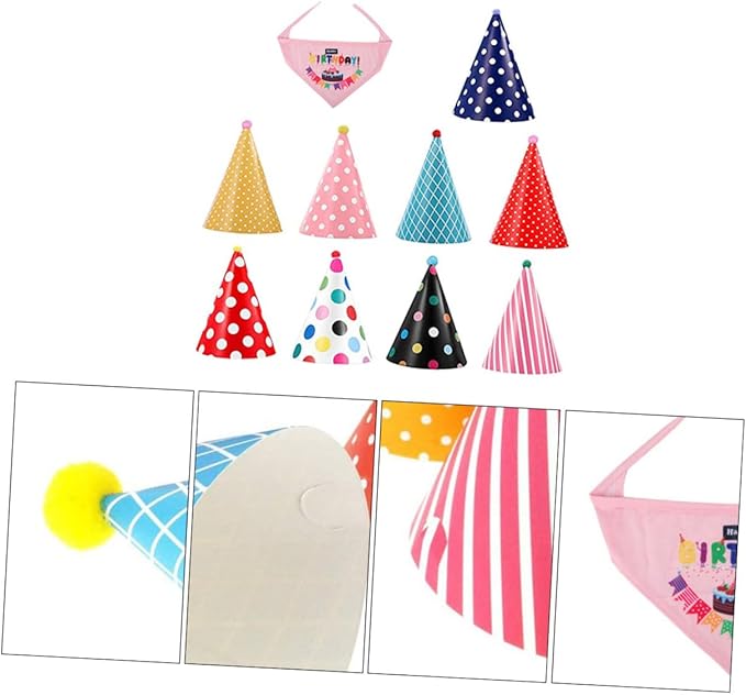 VILLCASE Dog Birthday Bandana and Hat Set 9 Assorted Pet Birthday Caps with 1 Decorative Party Supplies and Puppies Random Color