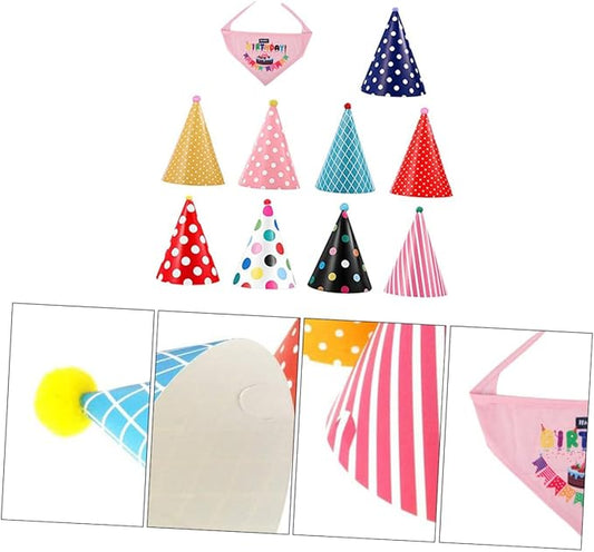 VILLCASE Dog Birthday Bandana and Hat Set 9 Assorted Pet Birthday Caps with 1 Decorative Party Supplies and Puppies Random Color