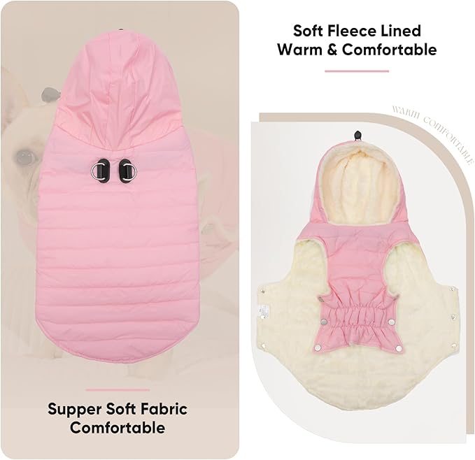 Fleece Lining Dog Hoodie with Harness Built in,Extra Warm Large Dog Jacket in Winter Doggie Coats with Drawstring Hooded,Light Pink XXXL