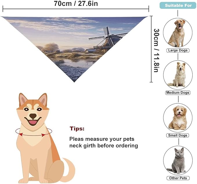 Dog Bandana Spring Pet Scarf Adjustable Triangle Landscape with A Traditional Windmill Printing Dog Bib Washable Polyester Puppy Bandana for Small Medium Large Dogs Cat Birthday Party Supplies