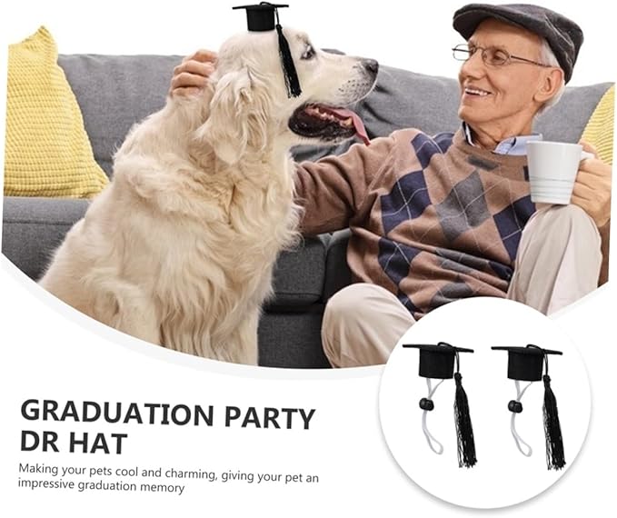 2pcs Black Tassel Dog Doctoral Caps Elastic Graduation Hats for Pet Party Supplies Creative Multi-Purpose Dog Dr Hats and Small Pets