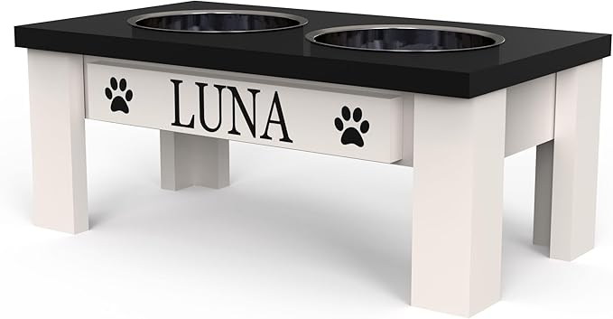 GTW Classic Elevated Dog Feeder – Wooden Elevated Stand with Stainless Steel Bowls, Anti-Slip Farmhouse Design (Small, Black)