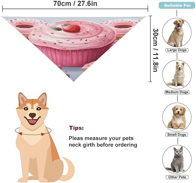 Dog Bandana Spring Pet Scarf Adjustable Triangle Pink Donut and Cupcake Printing Dog Bib Washable Polyester Puppy Bandana for Small Medium Large Dogs Cat Birthday Party Supplies