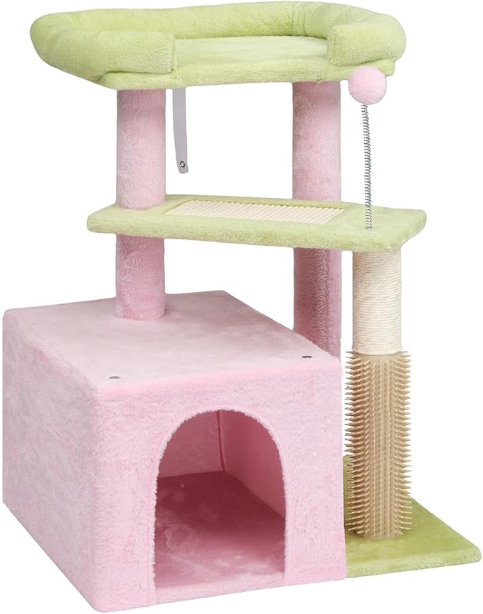 27.5in Plush Cat Tree, Multi-Level Cat Tower with Scratching Post and Pad, Cozy Condo & Padded Perch, Dangling Ball for Kittens and Indoor Cats, Compact Cat Furniture for Small Spaces (Pink & Green)