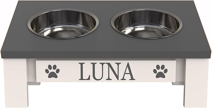 GTW Classic Tilted Elevated Dog Feeder – Angled Wood Stand with Stainless Steel Bowls for Short-Nose Dogs, Anti-Slip Farmhouse Design (Tilted, Grey)