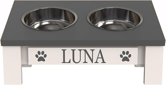 GTW Classic Tilted Elevated Dog Feeder – Angled Wood Stand with Stainless Steel Bowls for Short-Nose Dogs, Anti-Slip Farmhouse Design (Tilted, Grey)